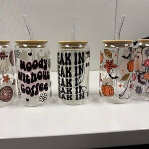 5 Halloween-Themed Glass Tumblers with Bamboo Lids